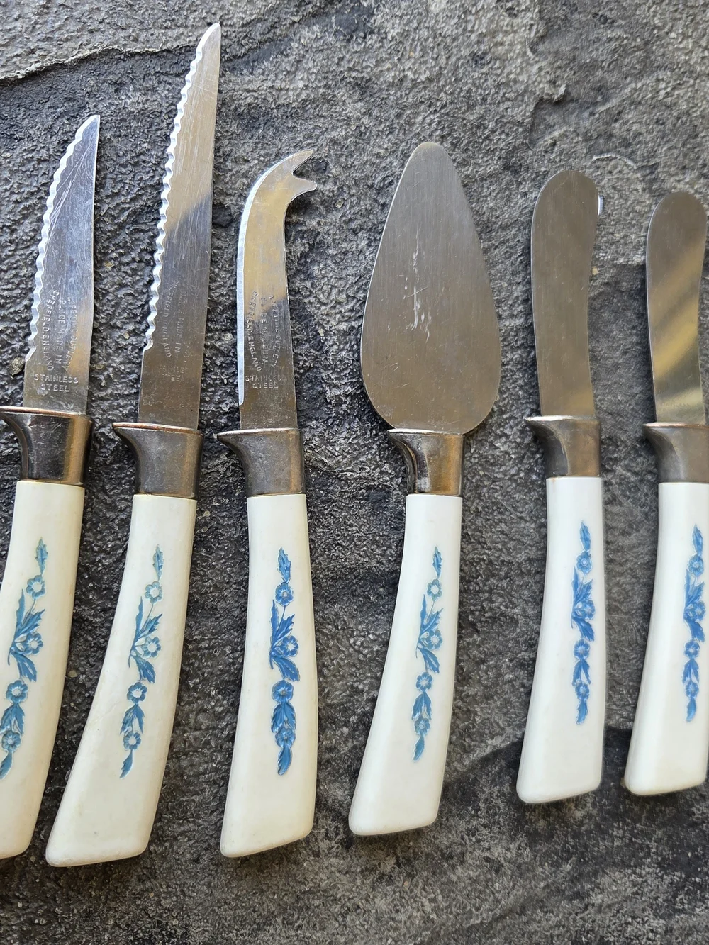 Blue Cornflower Floral Handle Cheese Service Knife Set of 7- Lifetime Cutlery